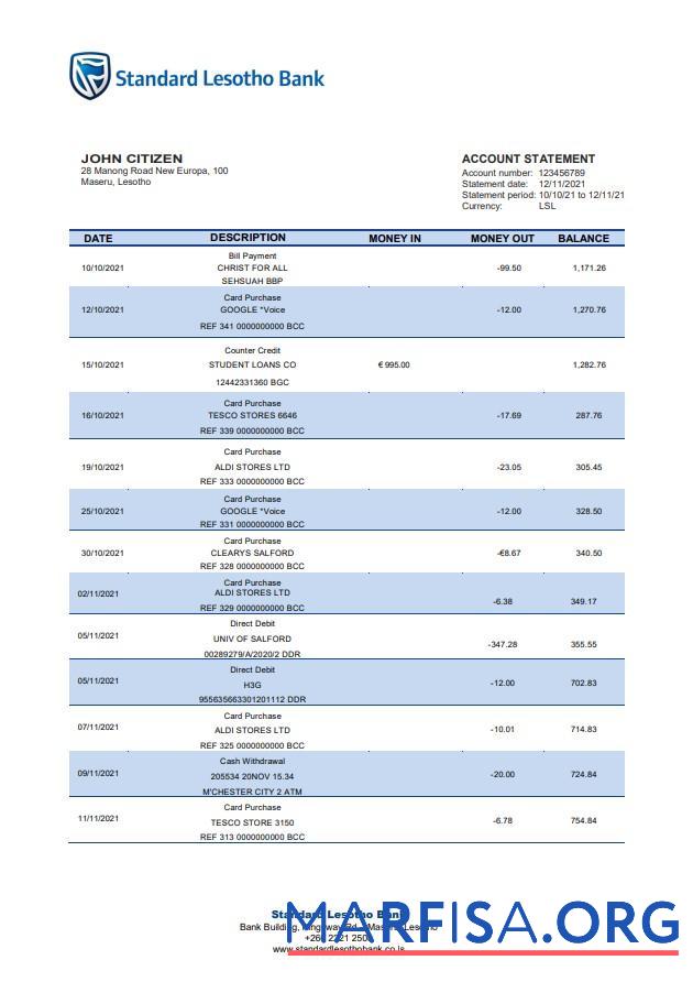 Realistic Lesotho Standard Lesotho bank statement word sample